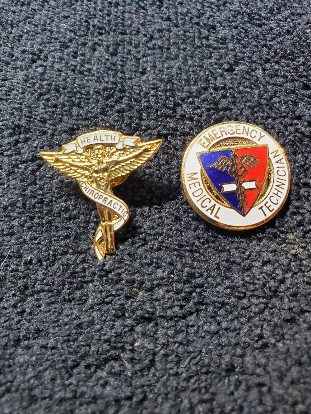 Medical Lapel Pins In Goldtone. Chiropractic Health & EMT, Set Of 2